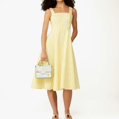 Vestido Kate Spade amarillo blanco a rayas línea A sin mangas para mujer 8 lazos de lino Foto 1 de 4