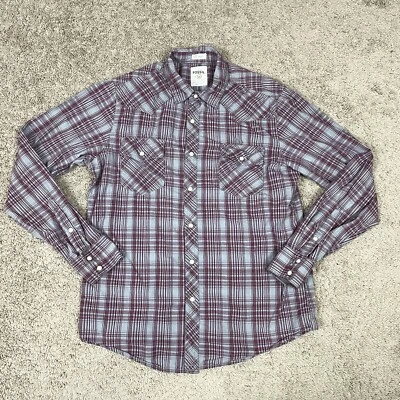 Fossil 54 Shirt Mens Large Red Vintage Fit Plaid Casual Snap Button - Image 1 of 4