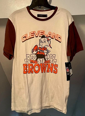 CLEVELAND BROWNS NFL BROWNIE THE ELF RETRO LOGO COLOR BLOCK RAGLAN T-SHIRT NWT Cover