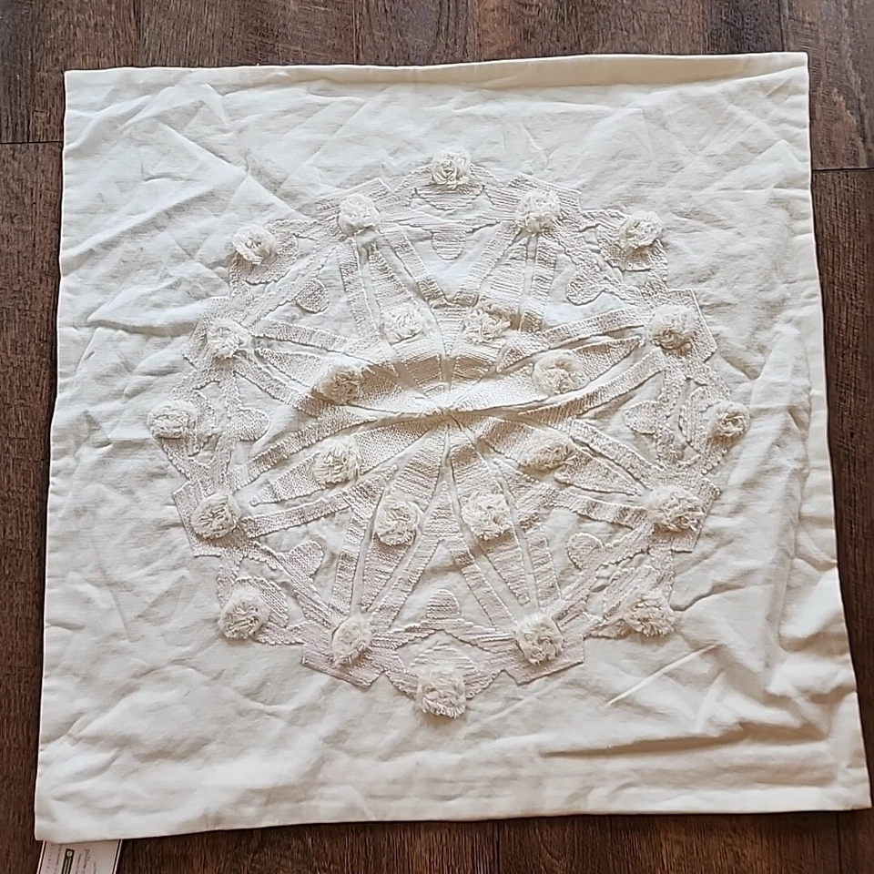 Pottery Barn Cloverly Embroidered Pom Pom  Pillow Cover  24x24 - Image 1 of 4