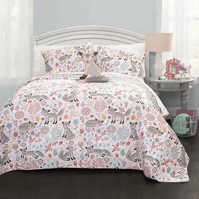 Gray Pink White Fox Woodland Floral 4 pc Quilt Set Twin Full Queen Bed Coverlet - Image 1 of 4