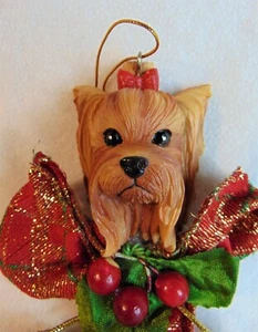 Vintage Yorkie Yorkshire Terrier Dog Christmas Ornament w Plaid Scarf Hanging - Picture 1 of 4