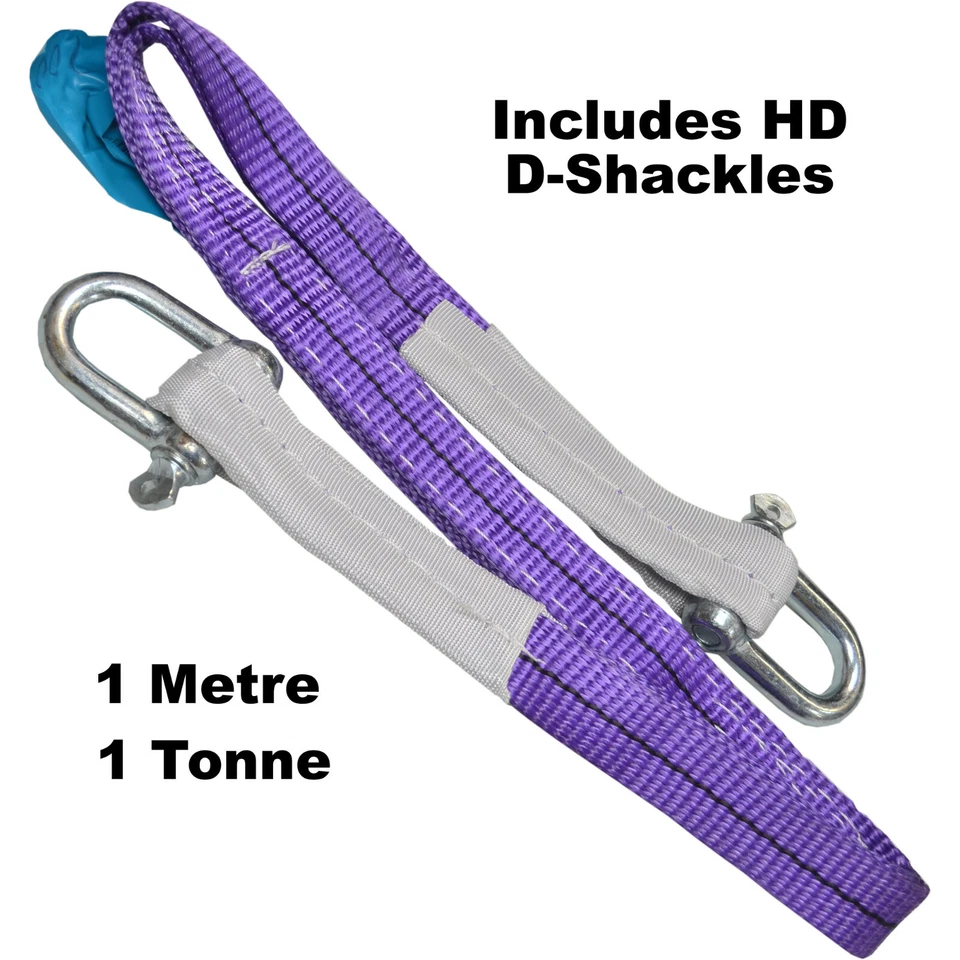 1 Ton 1 Metre Duplex Web Sling - 30mm Towing/Lifting Strap 1000KG + D-Shackles