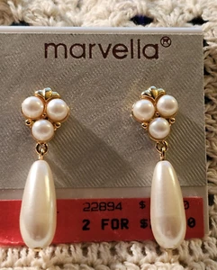 Vintage Gold Tone Marvella White Pearl Drop/Dangle Pierced Earrings - Picture 1 of 14