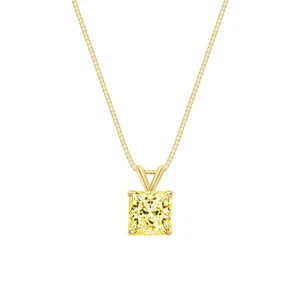 2.0 Ct Princess Canary Created Diamond Real 14K Yellow Gold Pendant 18" Necklace - Picture 1 of 2