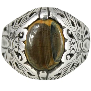 Anillo de sello vintage PLATA ESTERLINA OJO DE TIGRE tallado con hombros de mariposa, L - Imagen 1 de 10