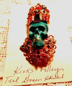 Rare Kirks Folly Teal Green Skelton Head Brooch Pin/Pendant Rhinestones - Picture 1 of 6