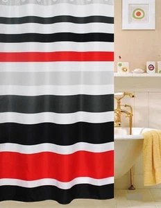 FABRIC SHOWER CURTAIN,Multi-Color STRIPED RED WHITE & BLACK - Picture 1 of 2