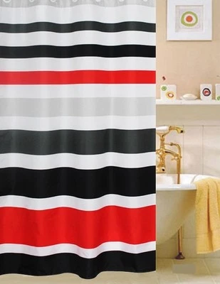  FABRIC SHOWER CURTAIN,Multi-Color  STRIPED RED WHITE & BLACK     - Image 1 of 4