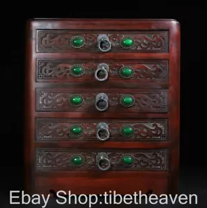 13.6” Chinese Huanghuali Wood Inlay Gem Fengshui Dragon Beast Storage Cabinet - Picture 1 of 11