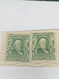 Benjamin Franklyn Early 1900’s 1c Postage Set of 2 Stamps on Paper, Album Kept - Picture 1 of 6