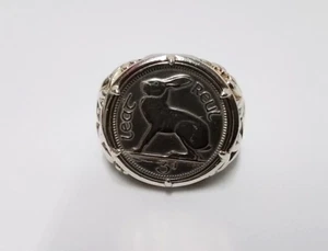 1968 IRISH 3 PENCE COIN STERLING SILVER RING APX SZ 8 BUNNY IRELAND SHAMROCK 15G - Picture 1 of 10