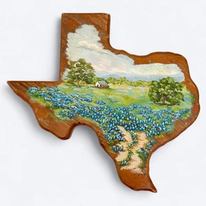 VTG Texas Shaped Bluebonnet Painting on Wood Hand-Painted Artist-Signed "Hall" - Picture 1 of 8