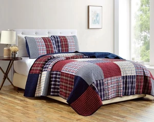 Pre-Washed Cotton Patchwork Quilt Set Plaid Bedspread Coverlet Set - Picture 1 of 9