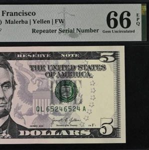 Billete de 5 dólares de la Reserva Federal 2021 PMG 66EPQ - número de serie repetidor elegante - 65246524 - Imagen 1 de 3