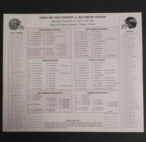 Tampa Bay Buccaneers vs Baltimore Football Media Guide Gioco Flip Card 29/12/2001 - Foto 1 di 5