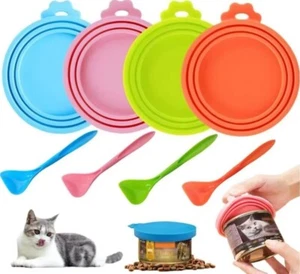4-Pack Silicone Pet Can Covers + Spoon – Dog & Cat Food Storage Lid Set Reusable - Picture 1 of 8