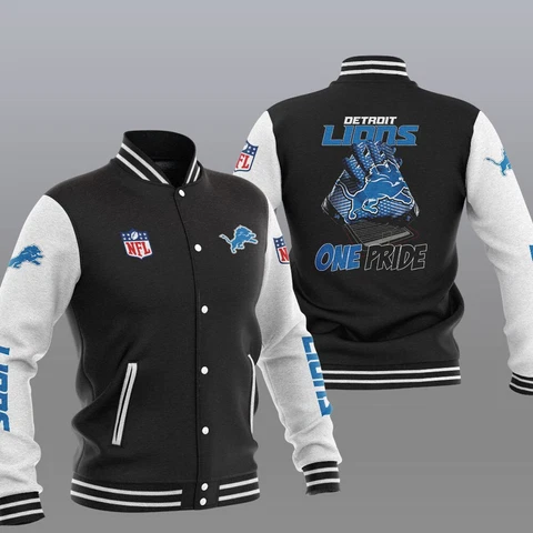 Detroit Lions Men's Varsity Jacket Casual Slim Snap Button Outwears Coat Gift Cover