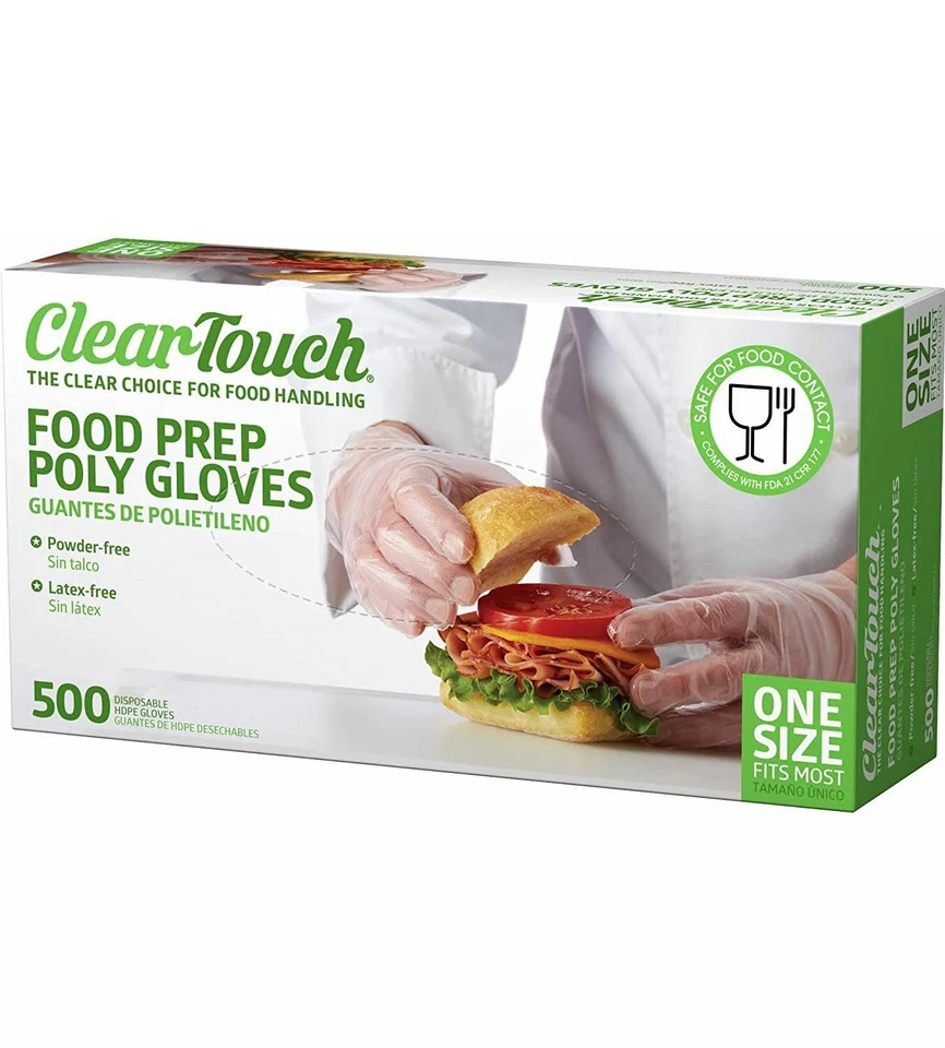 Clear Touch One Size Fits Most Food Prep Poly Gloves Latex- 2000 Ct