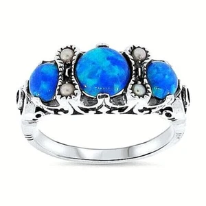 ANTIKER STIL RING 3 DREI STEINE 925 STERLINGSILBER BLAU FEUERLABOR OPAL 048Z - Bild 1 von 4