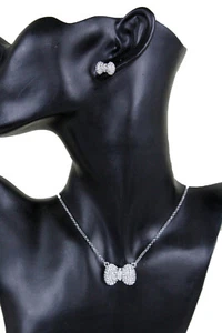 Women Fashion Jewelry Set Silver Metal Chain Mini Bling Bow Tie Cute Necklace - Picture 1 of 12