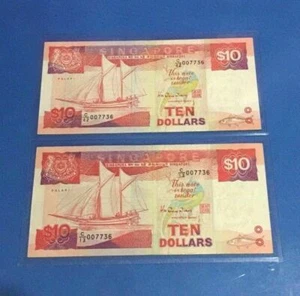1988(ND)Singapore Ship Series $10 Identical Serial Numbers Pair - Picture 1 of 3