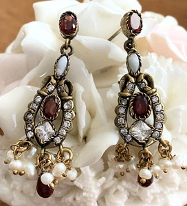 Vintage * Beautiful India Garnet Pearl & CZ Chandelier Dangle Earrings - Picture 1 of 9