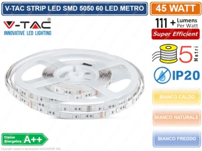 V-TAC STRIP STRISCIA LED MONOCOLORE 5 METRI SMD 5050 60 LED Mt IP20 45W 5000 lm - Immagine 1 di 2