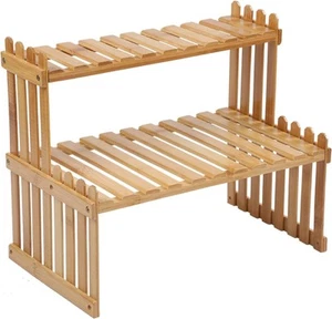 GURECOD 14.6"/18.5" 2 Tiers Bamboo Plant Stand ShelfDesk Flower Pot HolderAdj... - Picture 1 of 7