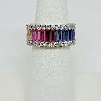 2 TCW Baguette lab Created Multicolor Diamond Wedding Band 14k White Gold Plated - Image 1 of 4