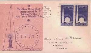 1939 FDC, #853, 3c New York World's Fair, Planty #39, Paar - Bild 1 von 2
