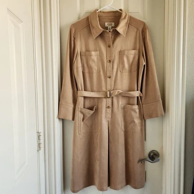 Talbots Faux Suede Tan Belted Button Shirtdress Size 12P - Image 1 of 4