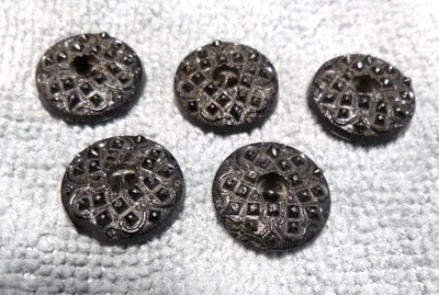 5 Vintage Antique Black Glass Picture Buttons FANCY FLOWER DESIGN - Image 1 of 3