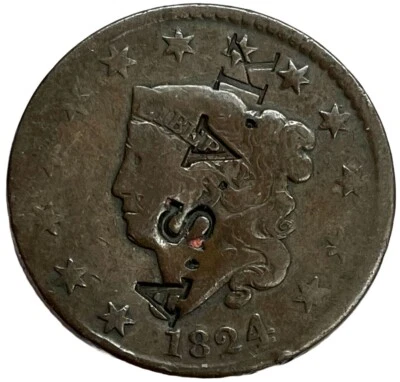 1824 USA COUNTER STAMPED A.S.V.K. MERCHANT LARGE CENT COIN - Image 1 of 2