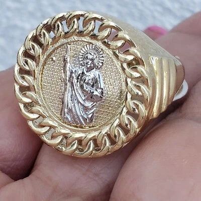 Твердое 14k золото желтый белый кубинский святой Иуда кольцо размер 9 10,5  - Изображение 1 из 4