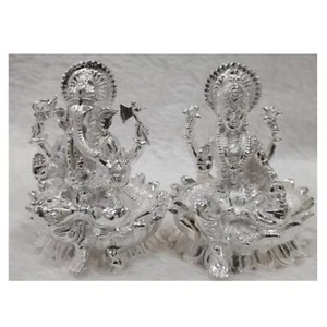 Ganesh Laxmi Idol In Pure 925 Silver / Ganesh Laxmi On Lotus In Silver - Picture 1 of 1