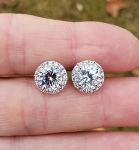 14k White Gold Lab Created White Sapphire Halo Stud Earrings - Picture 1 of 14
