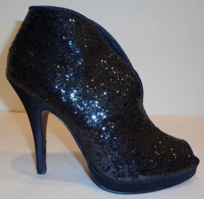 Nina Size 7 M ESSENCE Black Glitter Satin Platform Heel Booties New Womens Shoes - Image 1 of 4