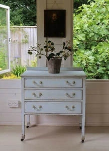 GUSTAVIAN STYLE PAINTED RUSTIC BABY BLUE SMALL CHEST OF DRAWERS/HALL/SIDE TABLE - Picture 1 of 9