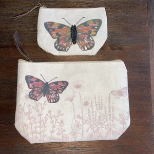 NEW Butterfly Floral Cosmetic Makeup Bag Pencil Pouch Wristlet Lot x2 - Picture 1 of 10