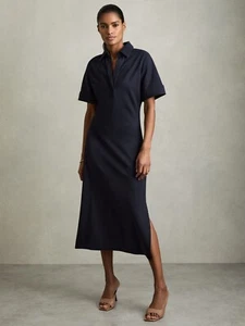 NWOT $225 Reiss Navy Astrid Jersey Open-Collar Midi Dress 4 - Picture 1 of 7
