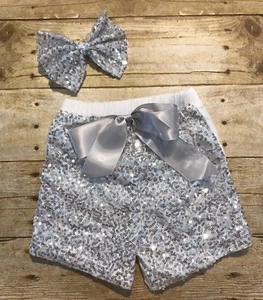Girls Silver Sequin Shorts With Matching Now Size 4 - 5 New boutique Style - Picture 1 of 6