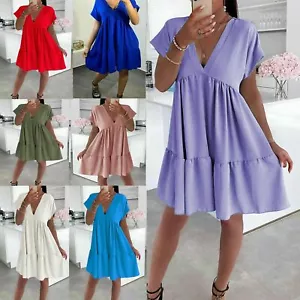 Women Ladies V-Neck Smock Dress Summer Beach Pleated Swing Mini Dress Top 8-22 - Picture 1 of 11