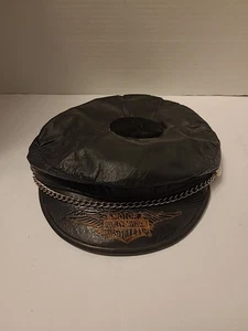 Vtg Harley Davidson Genuine Leather Motorcycle Cabbie Hat Cap Sz L USA Repaired  - Picture 1 of 11
