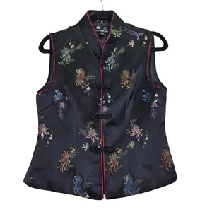 YA ZHENG Black Mandarin Collar Embroidered Floral Vest Jacket Large Asian Print - Picture 1 of 7