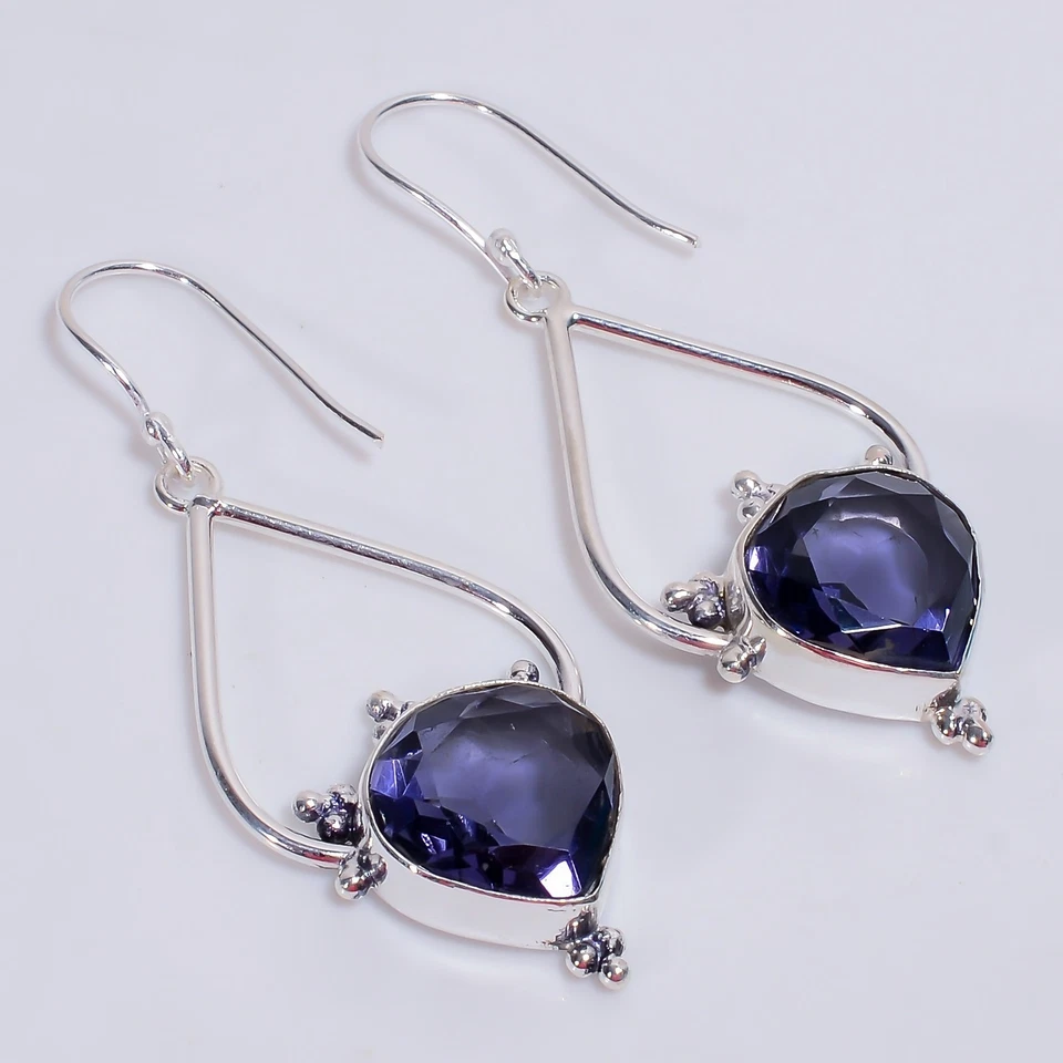 Pendientes de plata de ley 925 con piedras preciosas de iolita de colección 2,4" KE471 v054 Foto 1 de 4