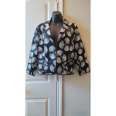 Ruby Rd Womens Black & White Jacket Print Shells Abstract Fans Crop Blazer Sz 12 - Image 1 of 4