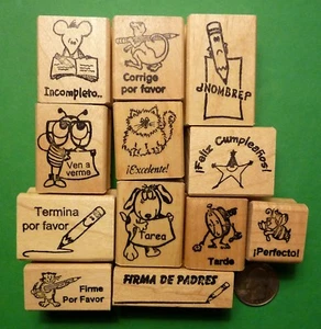 Teacher Spanish-Only Rubber Stamp Assortment of 12, Wood Mounted - Picture 1 of 2