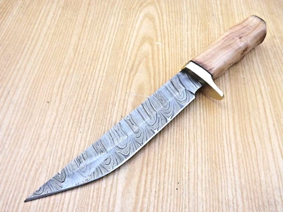 Handmade Forged Damascus Steel 13" Hunting Knife Wood Handle Brass Guard Sheath - Image 1 of 4