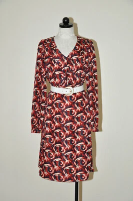 Marni Red White Blue Paisley Graphic Ruffle Vneck Long Sleeve Dress Women 44 M L - Image 1 of 4